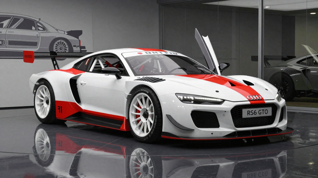 White and red Audi RS6 GTO race car in showroom with raised gullwing door and reflective floor.