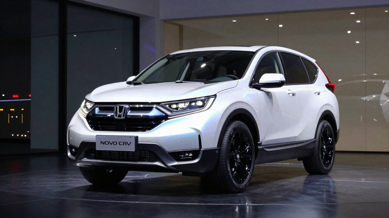 White Honda Novo CR-V SUV displayed indoors with black alloy wheels and modern headlights.