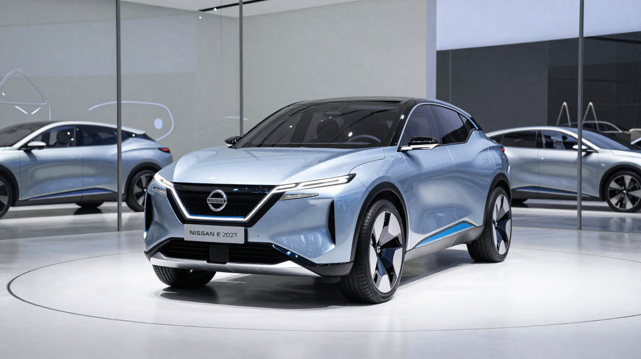 Silver Nissan E 2027 electric car displayed in a showroom with mirrored walls.