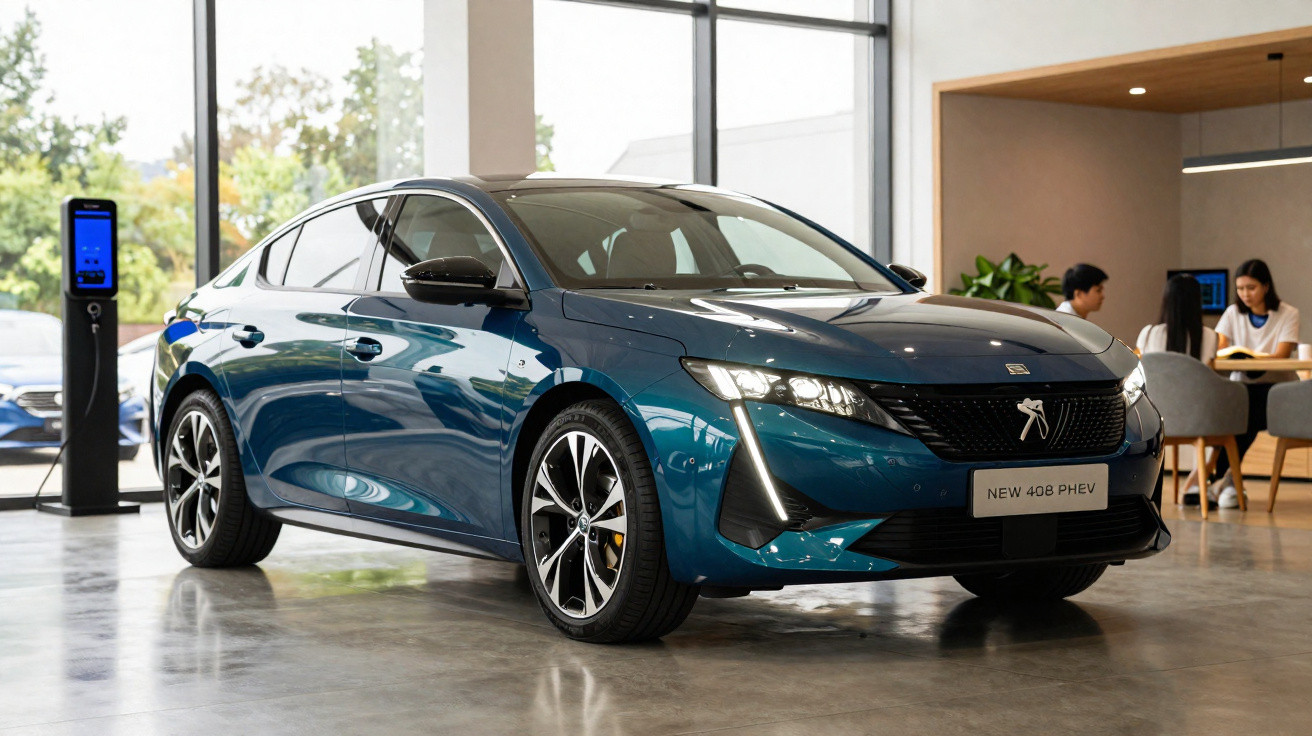 Blue Peugeot 408 PHEV parked indoors near an electric charging station with people in the background.