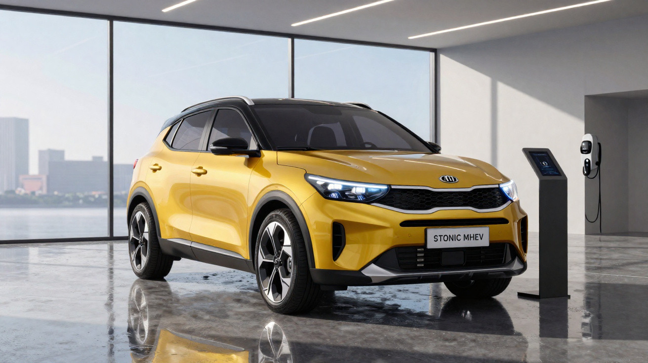 Yellow Kia Stonic MHEV compact SUV parked indoors beside a charging station with city skyline visible outside.