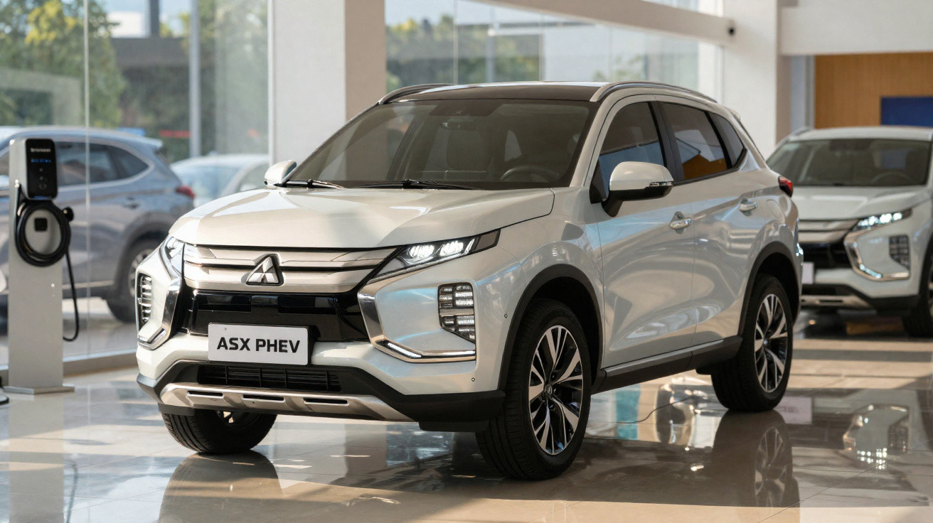 Silver Mitsubishi ASX PHEV SUV displayed in a bright showroom with another car and an EV charging station visible.