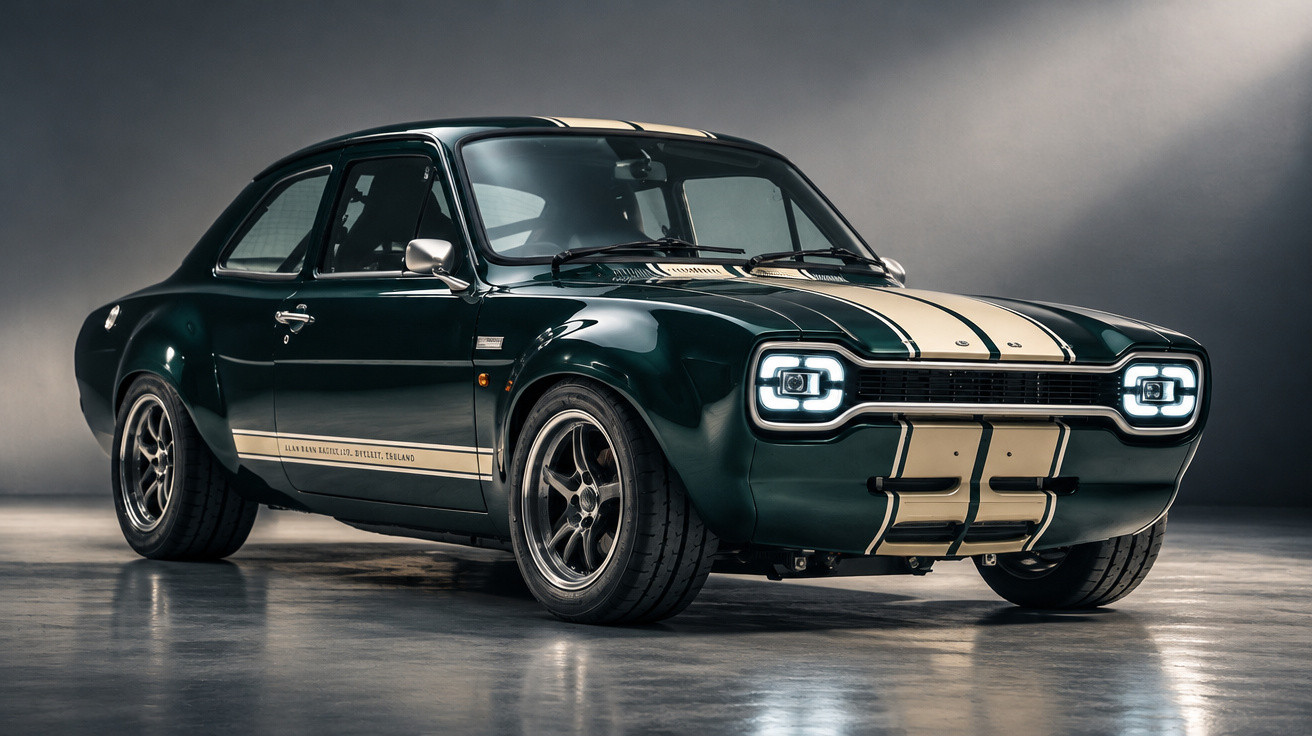 Classic dark green sports car with cream racing stripes and modern LED headlights in a studio setting.