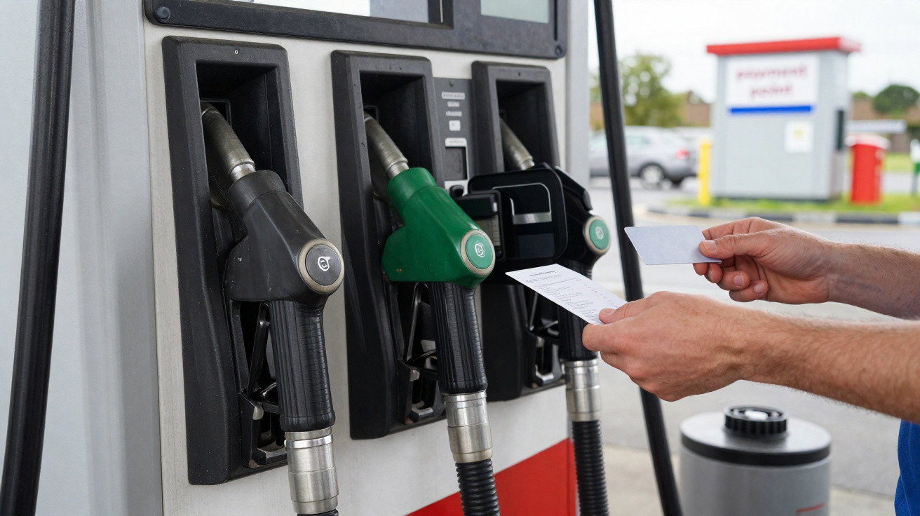 Person holding a card and receipt at a petrol station pump with black and green fuel nozzles.