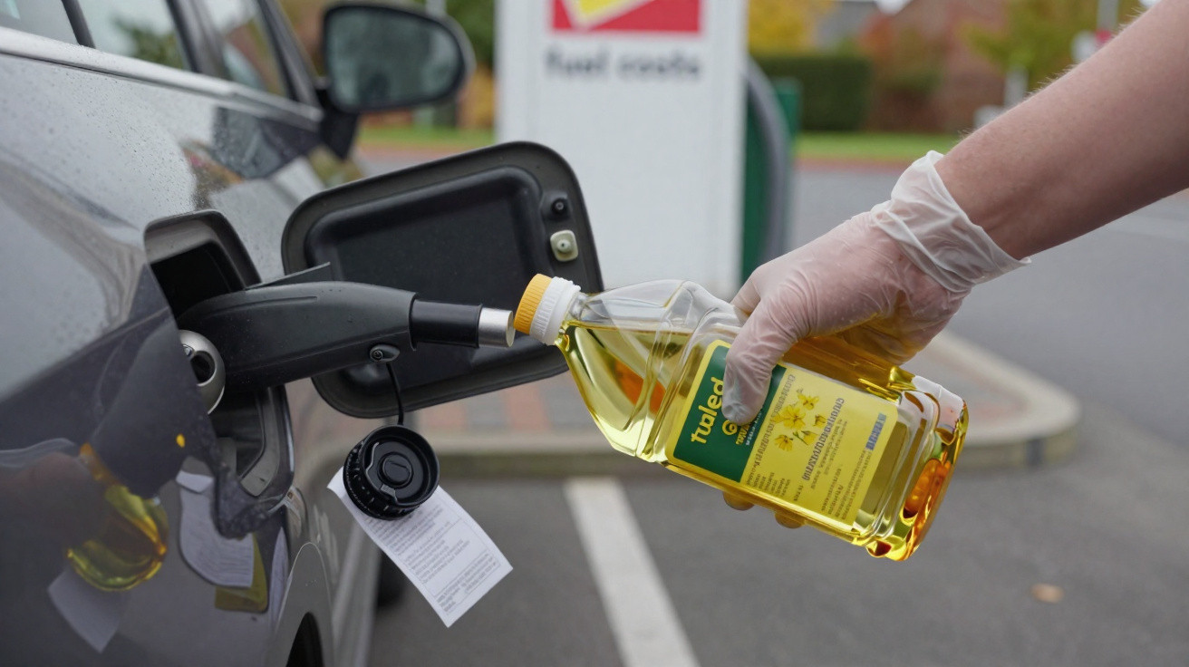 Person wearing glove putting cooking oil bottle into a car’s fuel tank at a petrol station.