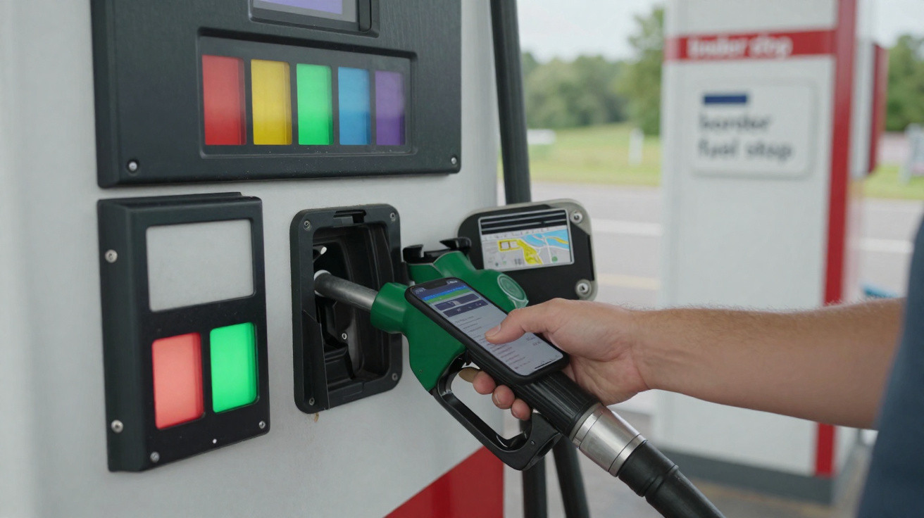 Person holding a smartphone near a green fuel pump nozzle at a petrol station.