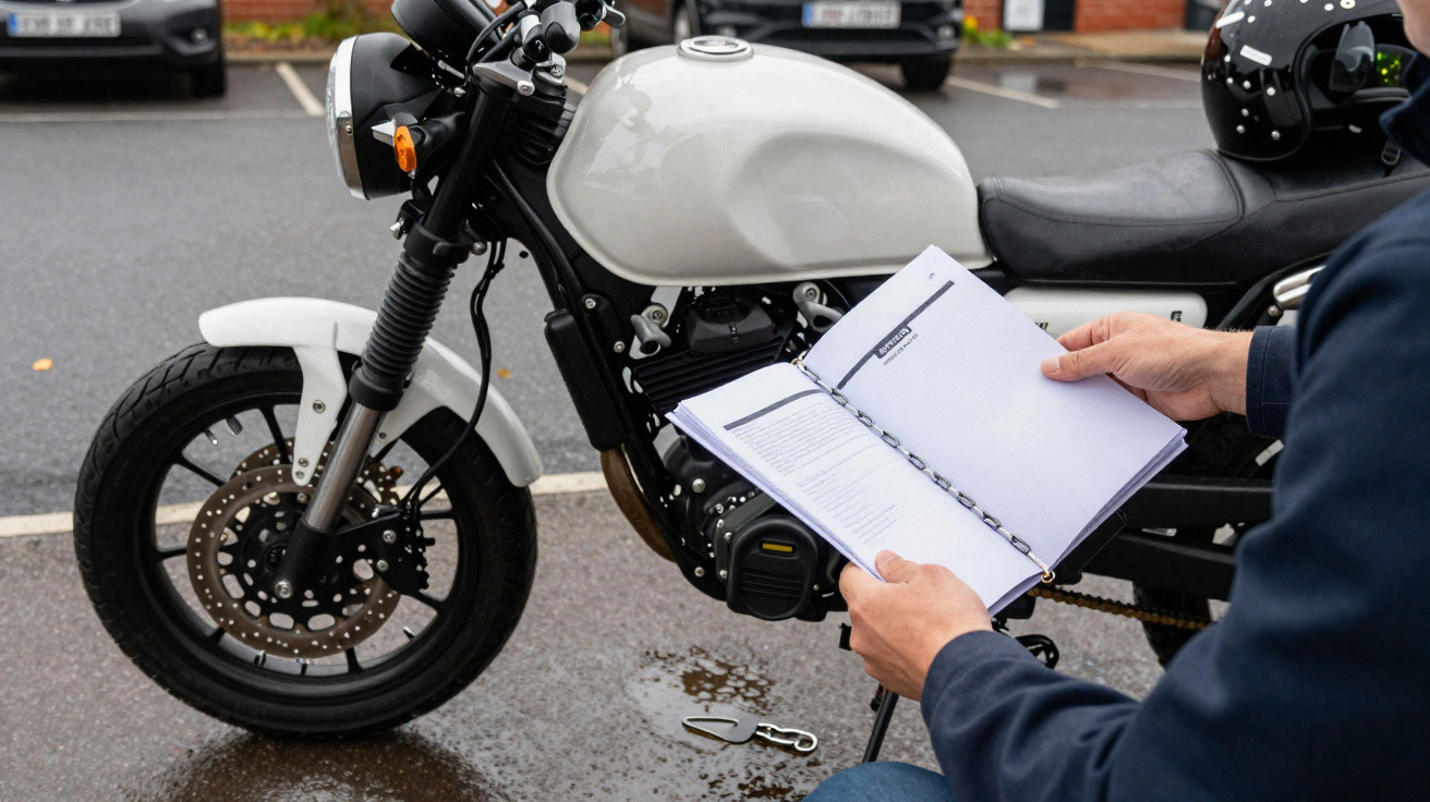 Person reading a manual beside a white classic motorcycle parked on a wet road with keys on the ground