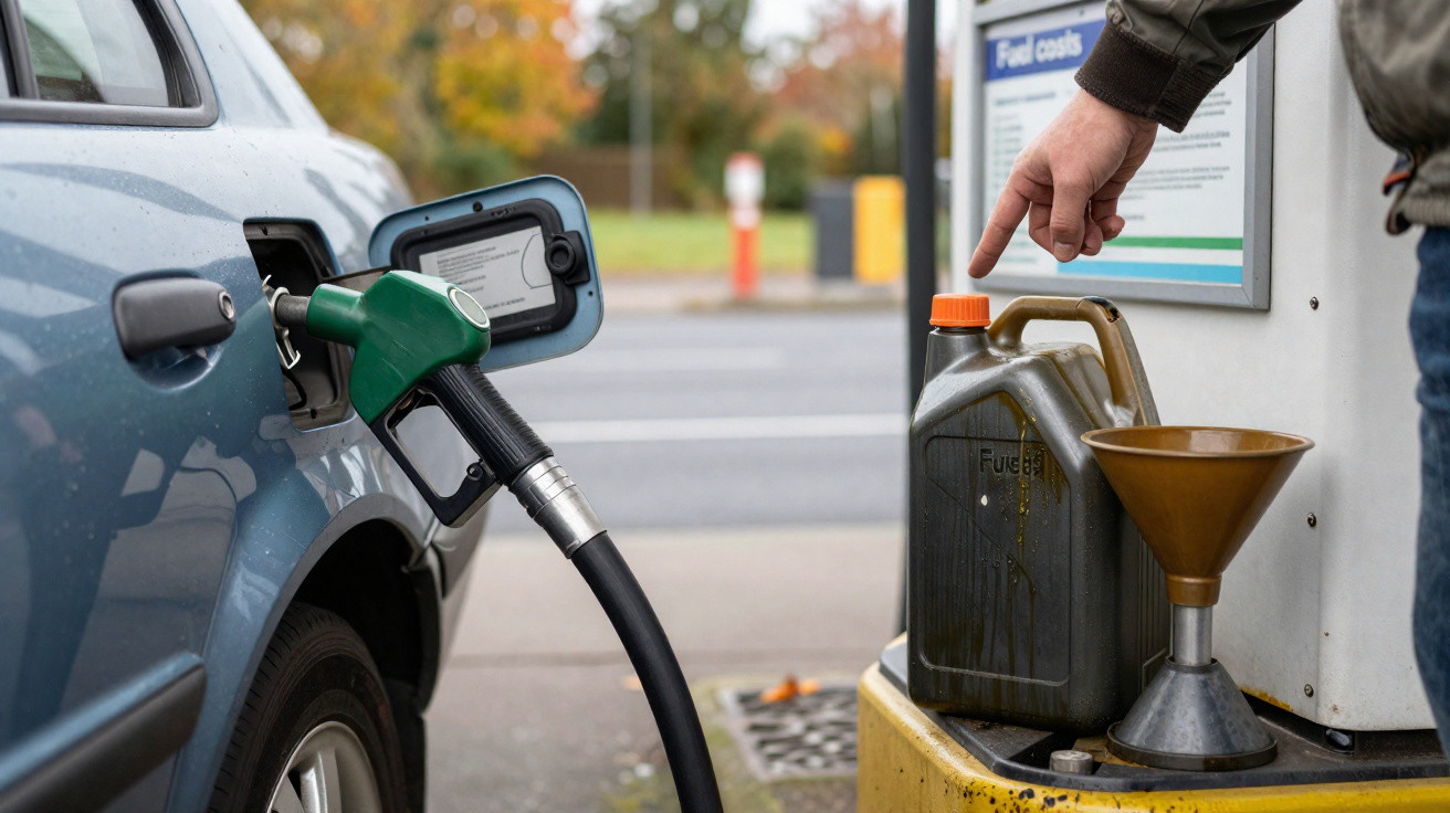 Person refilling a green fuel nozzle into a car with a jerry can and funnel on the forecourt.