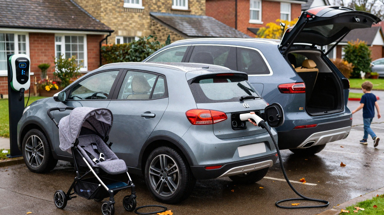 Two electric cars charging on a wet driveway in a suburban neighbourhood with a baby stroller nearby.