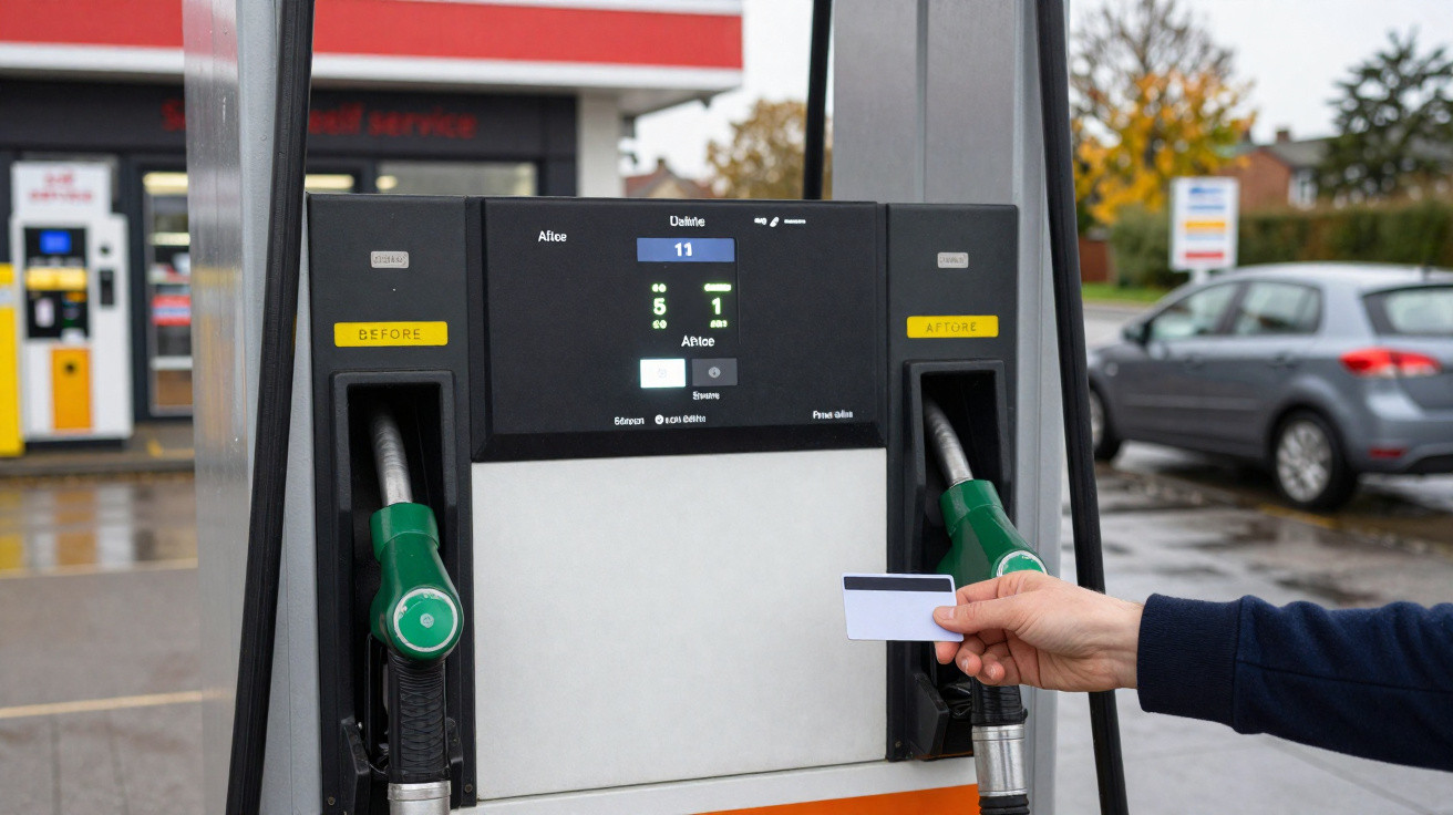 Hand holding a card near a petrol pump payment terminal at a fuel station on a rainy day.