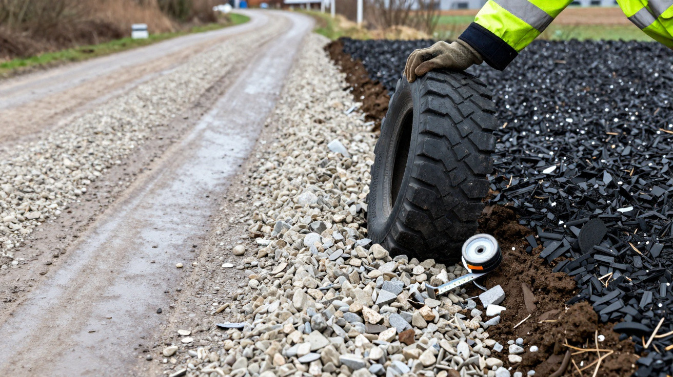 Person in high-visibility jacket placing a tyre on gravel beside a dirt road under construction.