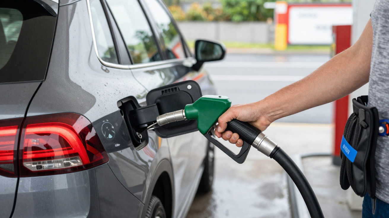 Person refuelling a grey car with a green petrol pump at a fuel station.