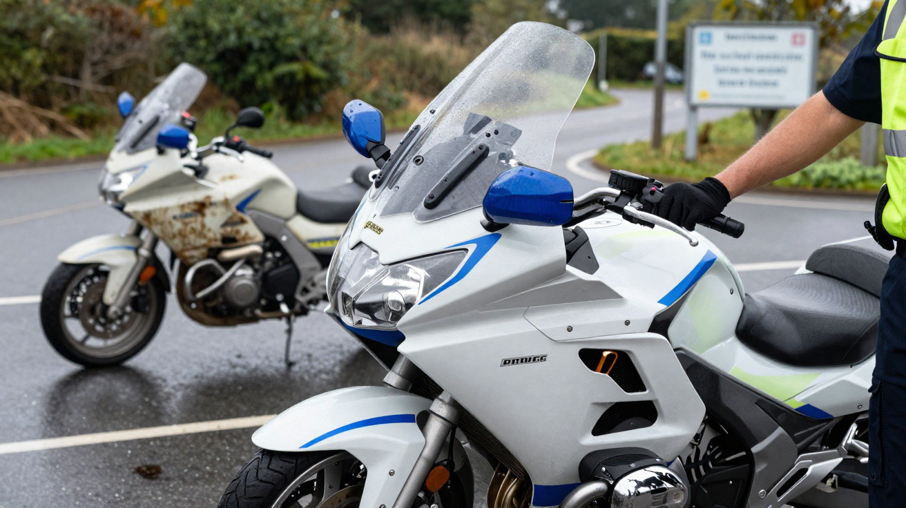 Two white police motorcycles parked on a wet road with an officer standing beside one of them.