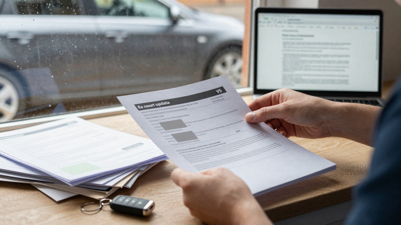 Person holding a V5 vehicle registration document at a desk with laptop, car keys, and a parked car outside the window.
