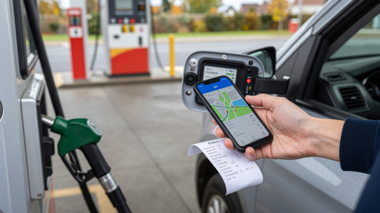 Person holding smartphone with map and receipt at a petrol station while refuelling a car.