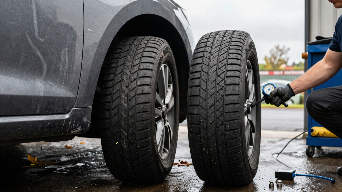 Two car tyres side by side, one attached to vehicle, mechanic checking tyre pressure with gauge outdoors.