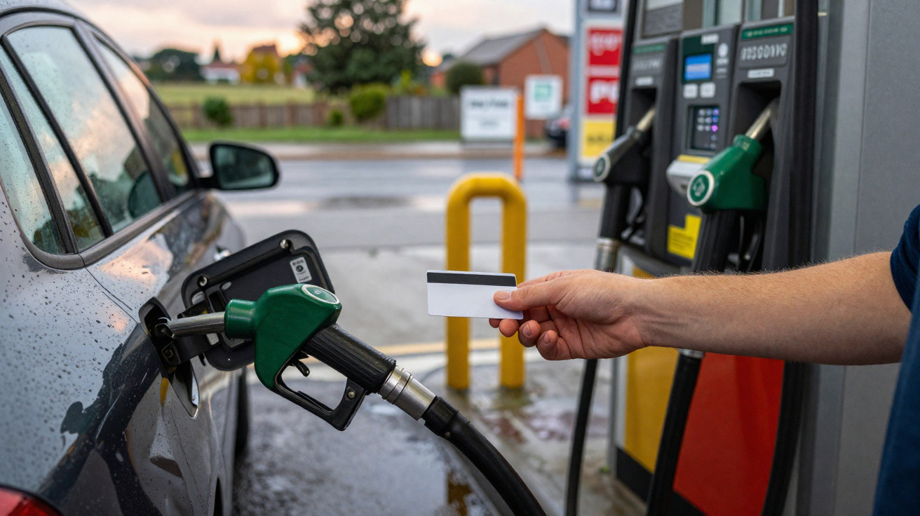 Person paying with a card while refuelling a car with a green petrol pump at a petrol station.