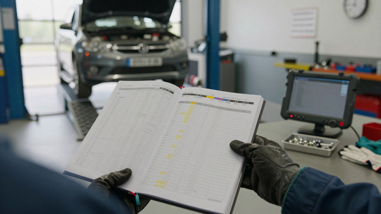 Mechanic wearing gloves holding a vehicle maintenance logbook in a garage with car diagnostic tools nearby.