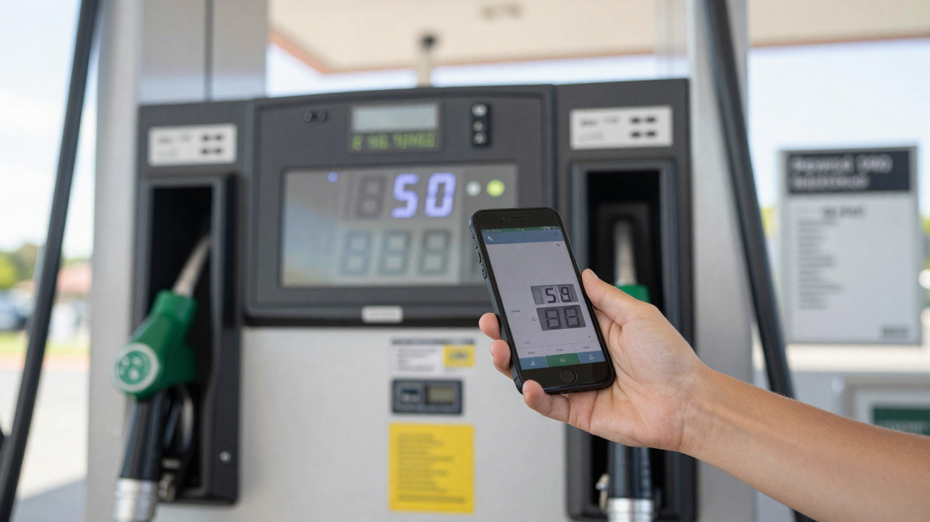 Hand holding smartphone showing fuel price at a petrol station pump with digital display in the background.