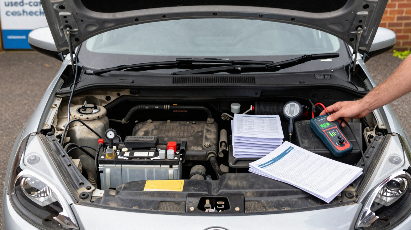 Open car bonnet showing engine bay with a diagnostic tool and paperwork on the battery and a hand holding the tool.
