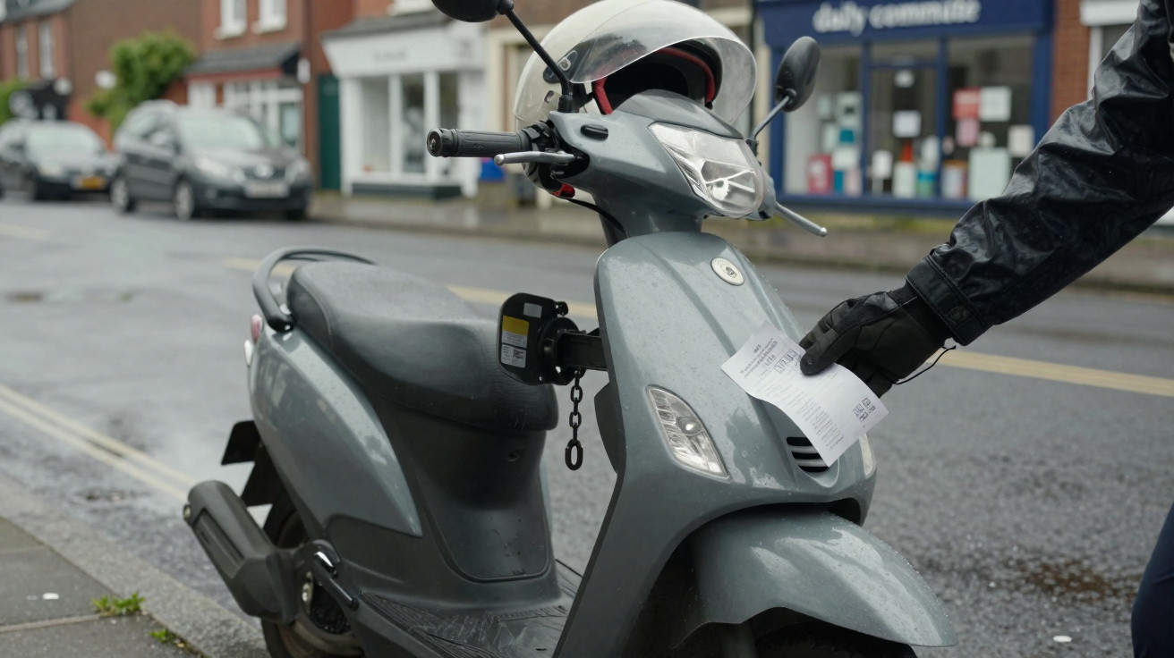 Motorbike parked on street with a hand placing a parking ticket on its front panel on a rainy day.