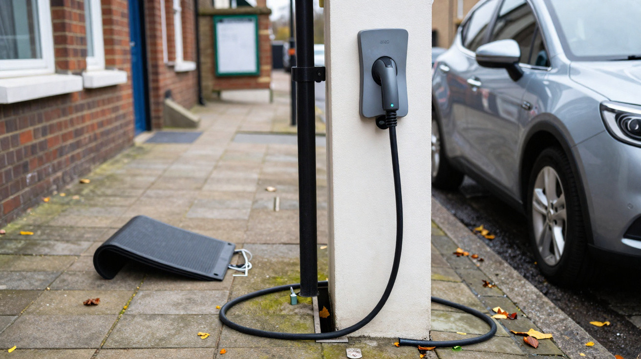 Electric vehicle charging station attached to a street pillar with a grey car parked nearby.