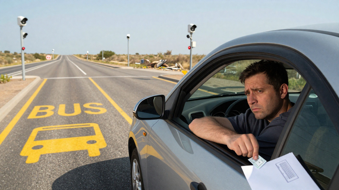 Man in car holding a ticket, waiting at a bus lane on an empty road with speed cameras ahead.