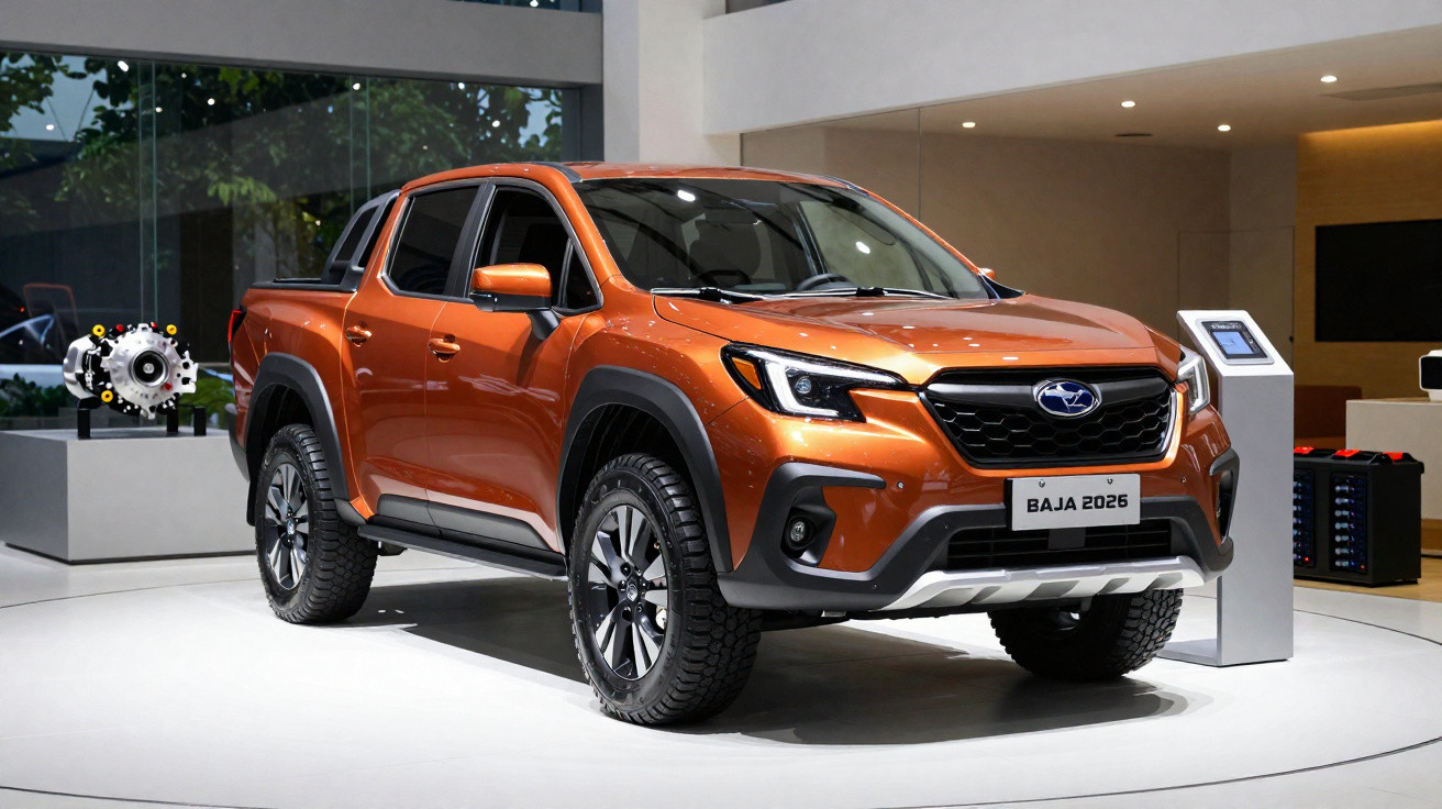 Orange Subaru Baja 2026 pickup truck displayed indoors on a white platform with modern lighting.