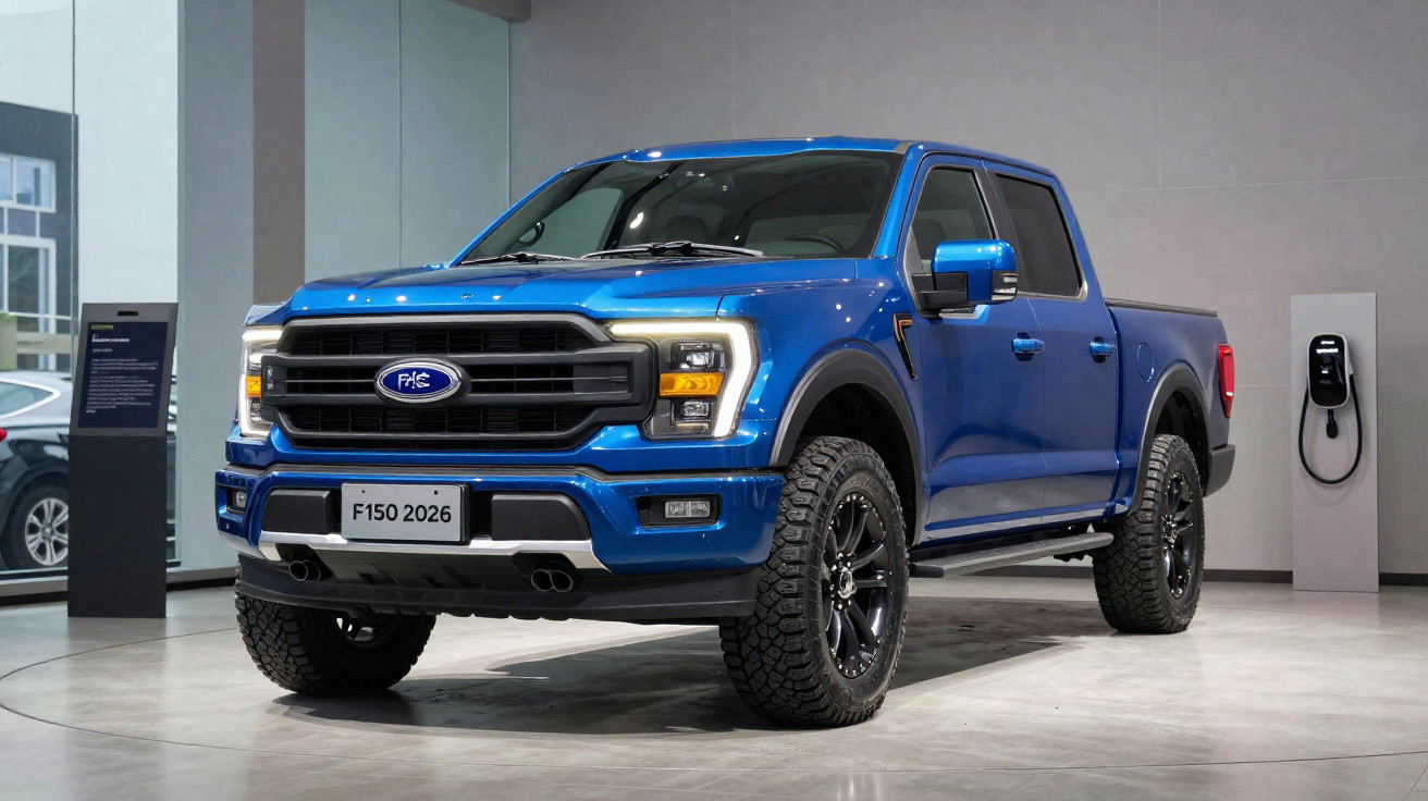 Blue 2026 Ford F150 pickup truck on display indoors with electric charging station in the background.