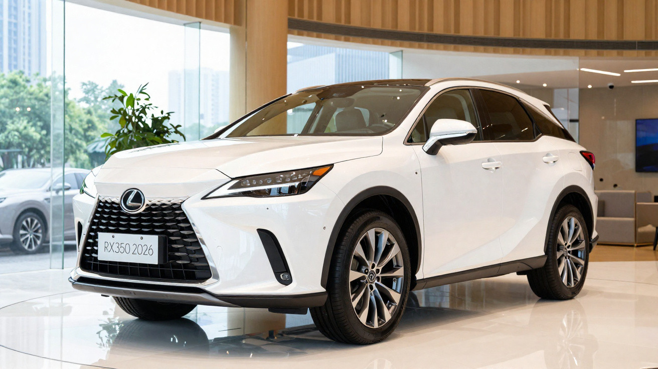 White Lexus RX 350 2026 model SUV displayed indoors with modern wooden and glass interior background.