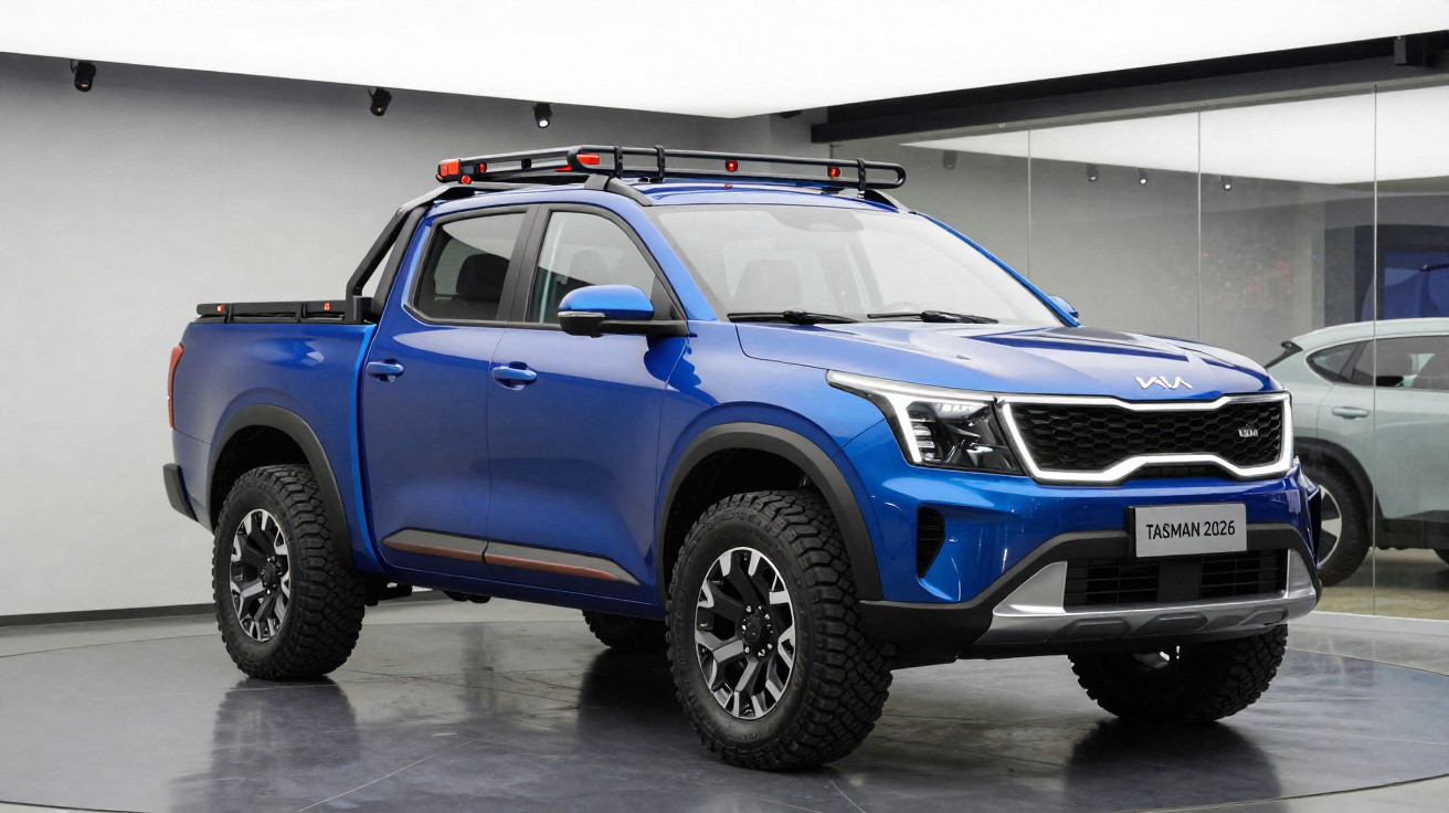 Blue 2026 Kia Tasman double cab pickup truck displayed indoors with roof rack and off-road tyres.