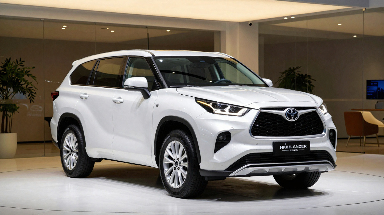 White Toyota Highlander SUV displayed indoors with modern lighting and minimalist background.