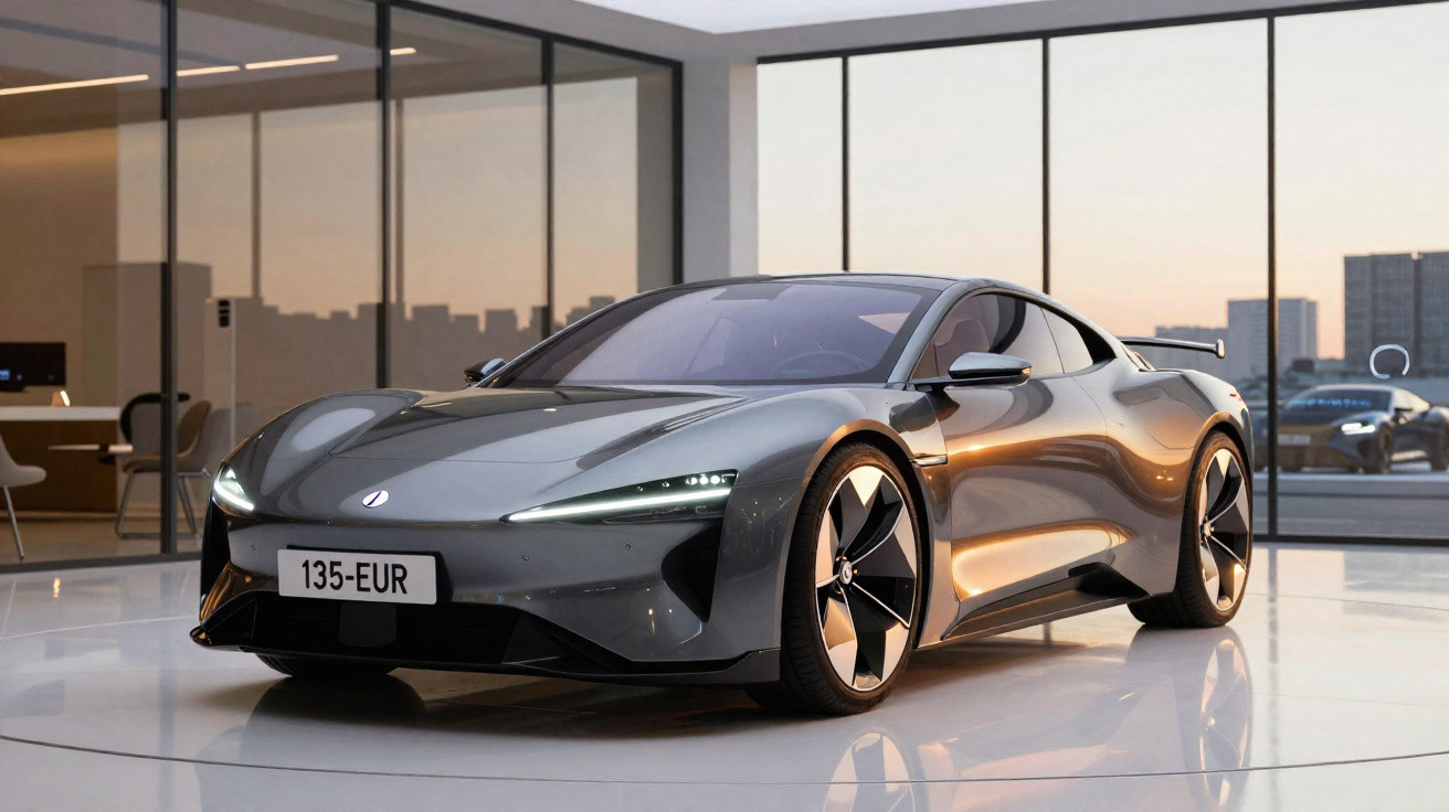Sleek grey electric sports car displayed indoors with cityscape reflections on its polished surface.