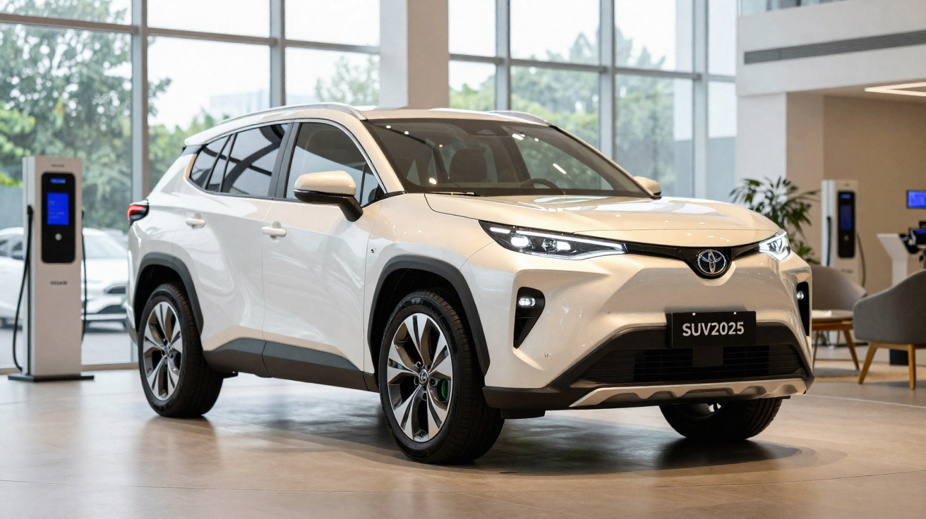 White Toyota SUV 2025 model displayed in a modern showroom with large windows and electric vehicle chargers.