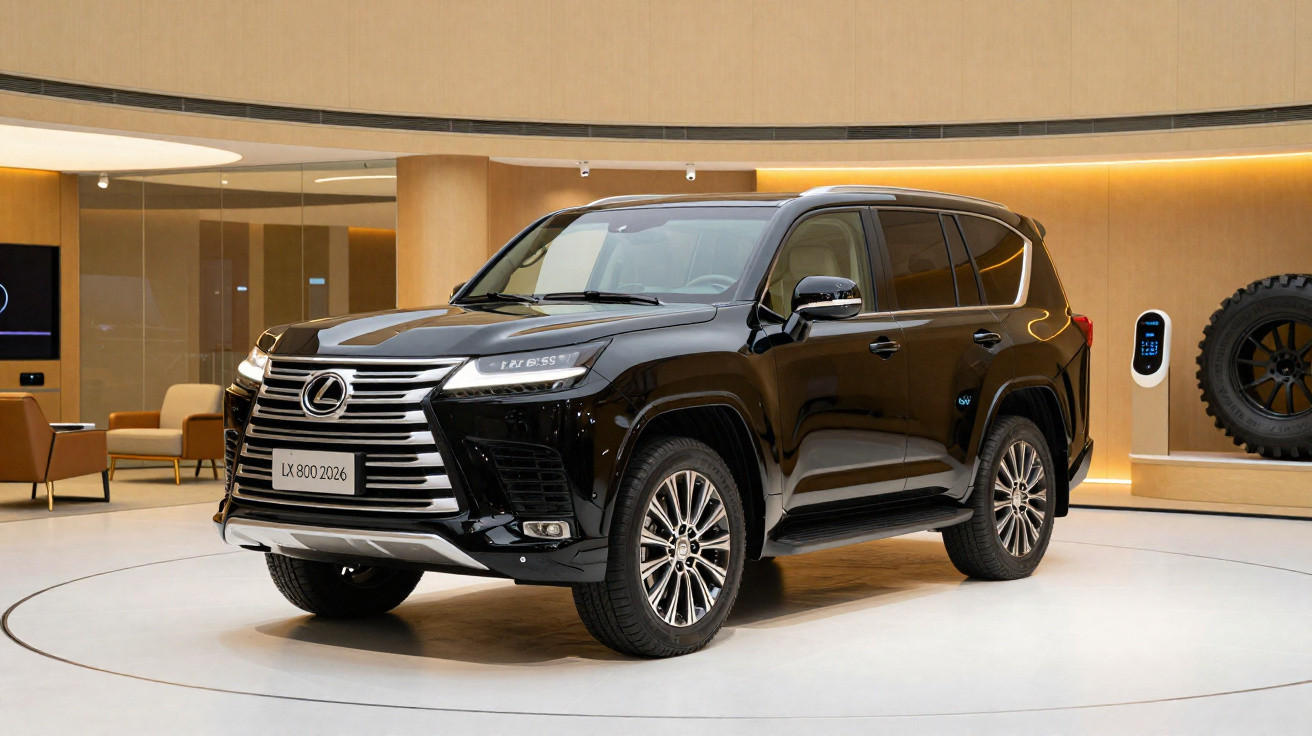 Black Lexus LX 800 2026 model SUV displayed indoors on a circular platform with modern seating and decor.
