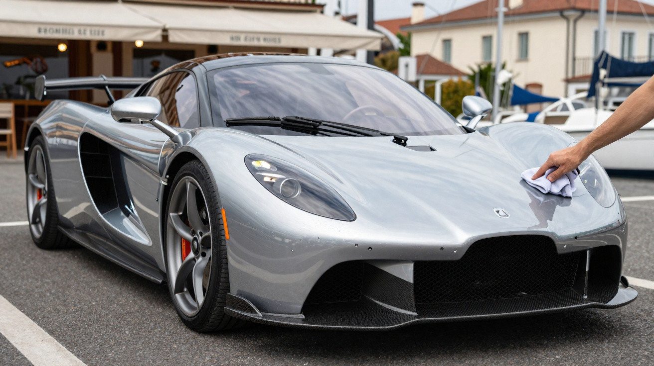 Silver luxury sports car being hand-polished in a marina parking lot with boats and buildings in the background