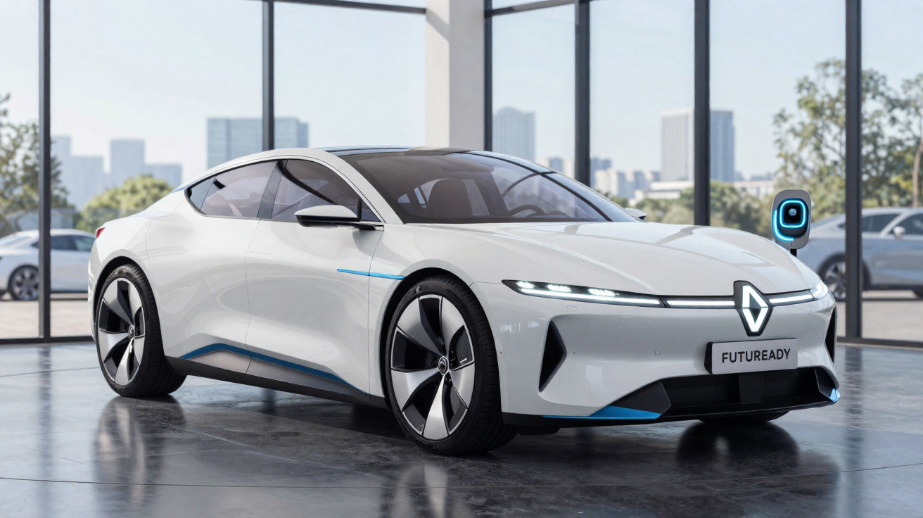 White electric sports car charging indoors with modern cityscape visible through large windows