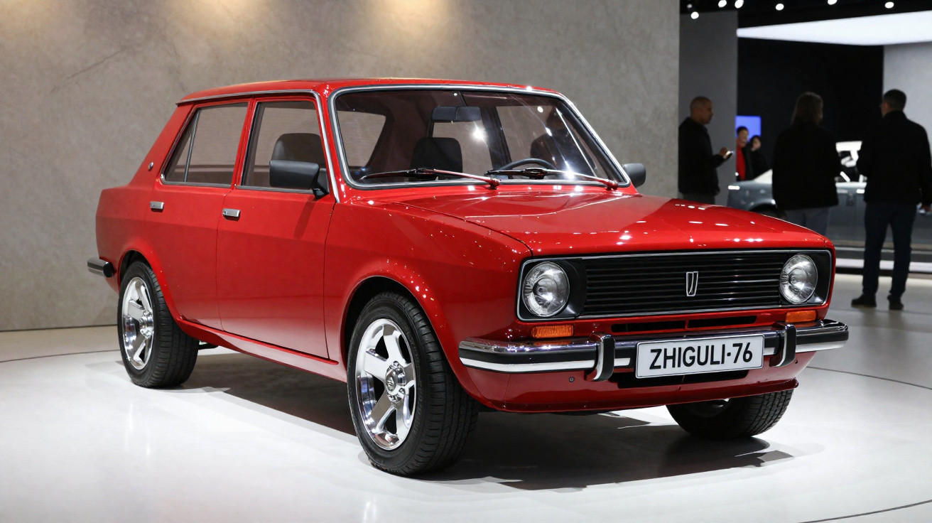 Red Zhiguli-76 vintage car displayed indoors with shiny chrome wheels and black grille.