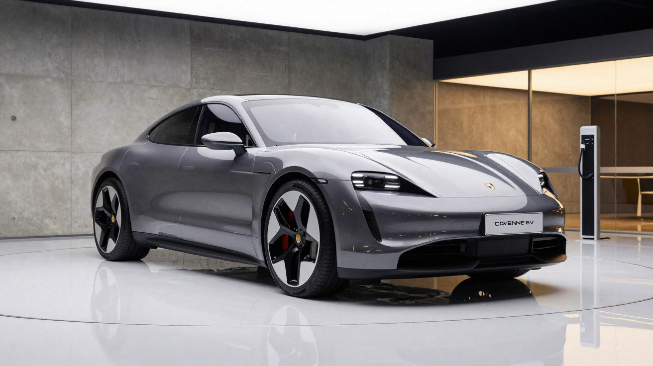 Sleek grey Porsche Taycan electric car displayed indoors near a charging station on glossy white floor.