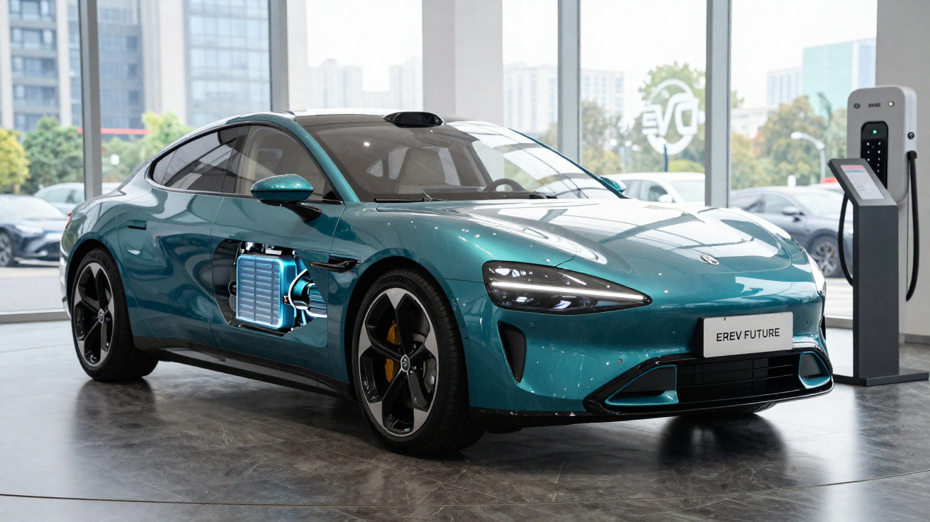 Teal electric coupe car displayed indoors with a digital battery graphic and charging station nearby.