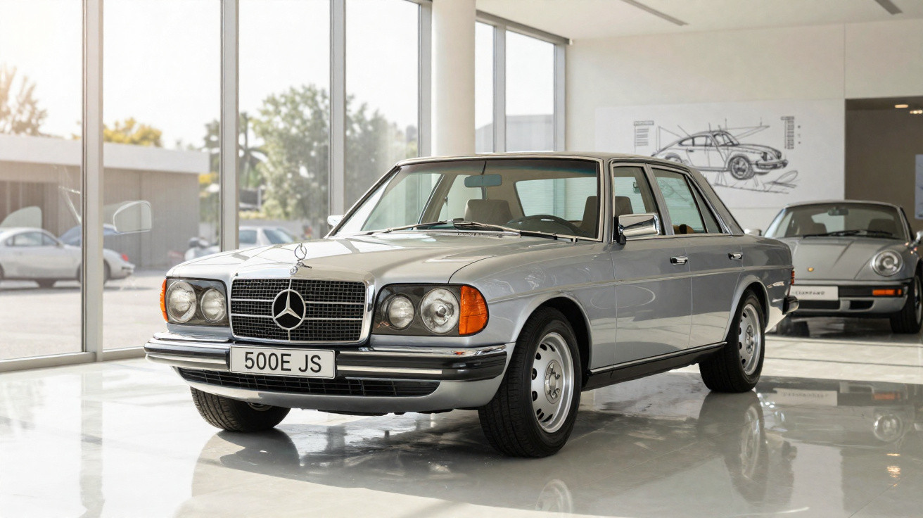 Silver classic Mercedes-Benz 500E sedan displayed inside a modern showroom with large windows.
