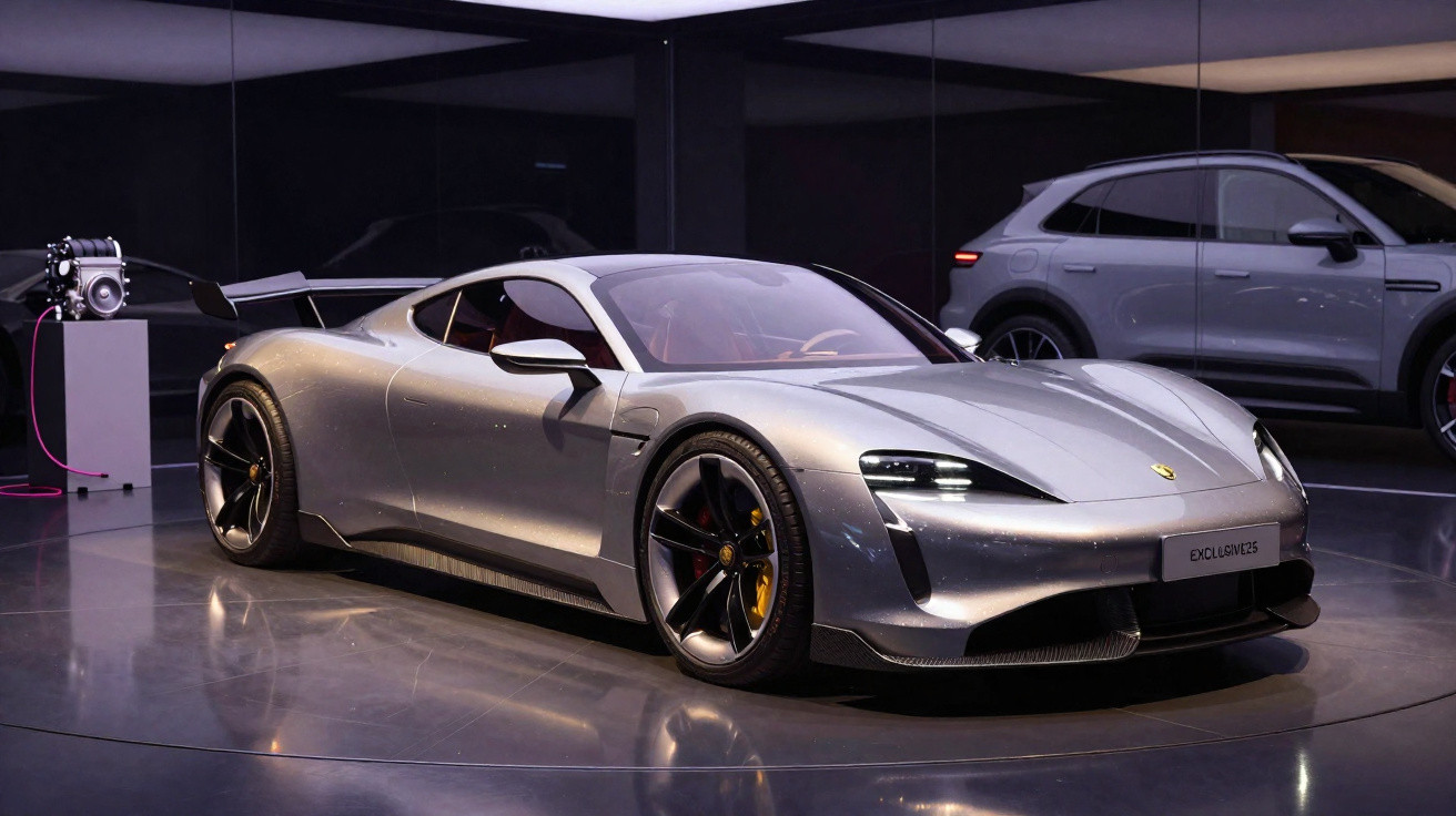 Silver Porsche Taycan sports car with large rear wing displayed in a glossy showroom environment