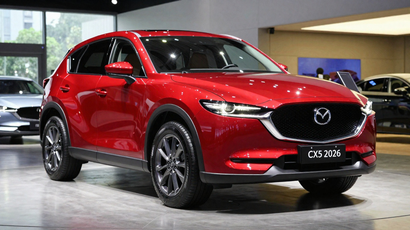 Red Mazda CX-5 2026 SUV displayed indoors with modern design and black alloy wheels.