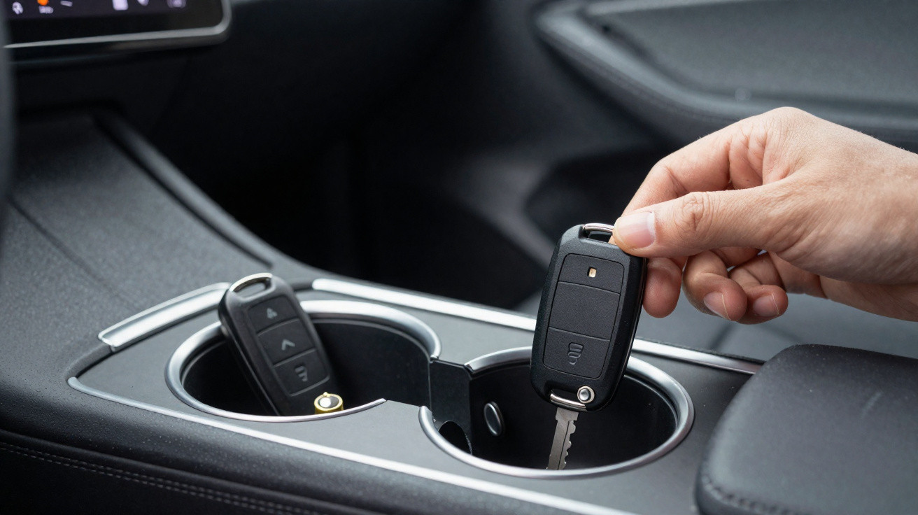 Hand holding a car key above a car cup holder containing another key inside the vehicle centre console.