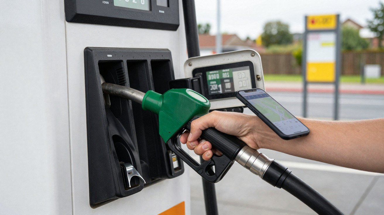 Hand holding a green petrol pump nozzle and a mobile phone at a fuel station pump.
