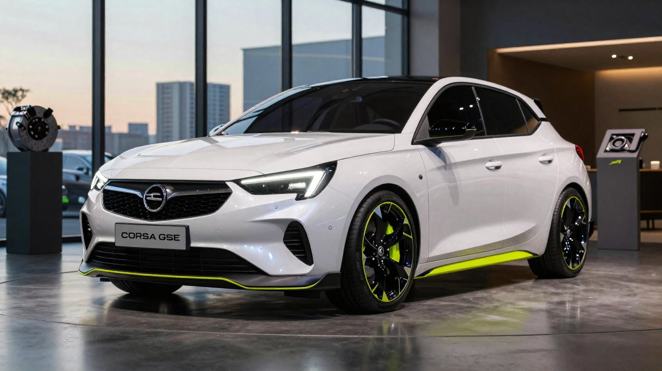 White Opel Corsa GSe hatchback with neon yellow accents displayed indoors on polished floor.