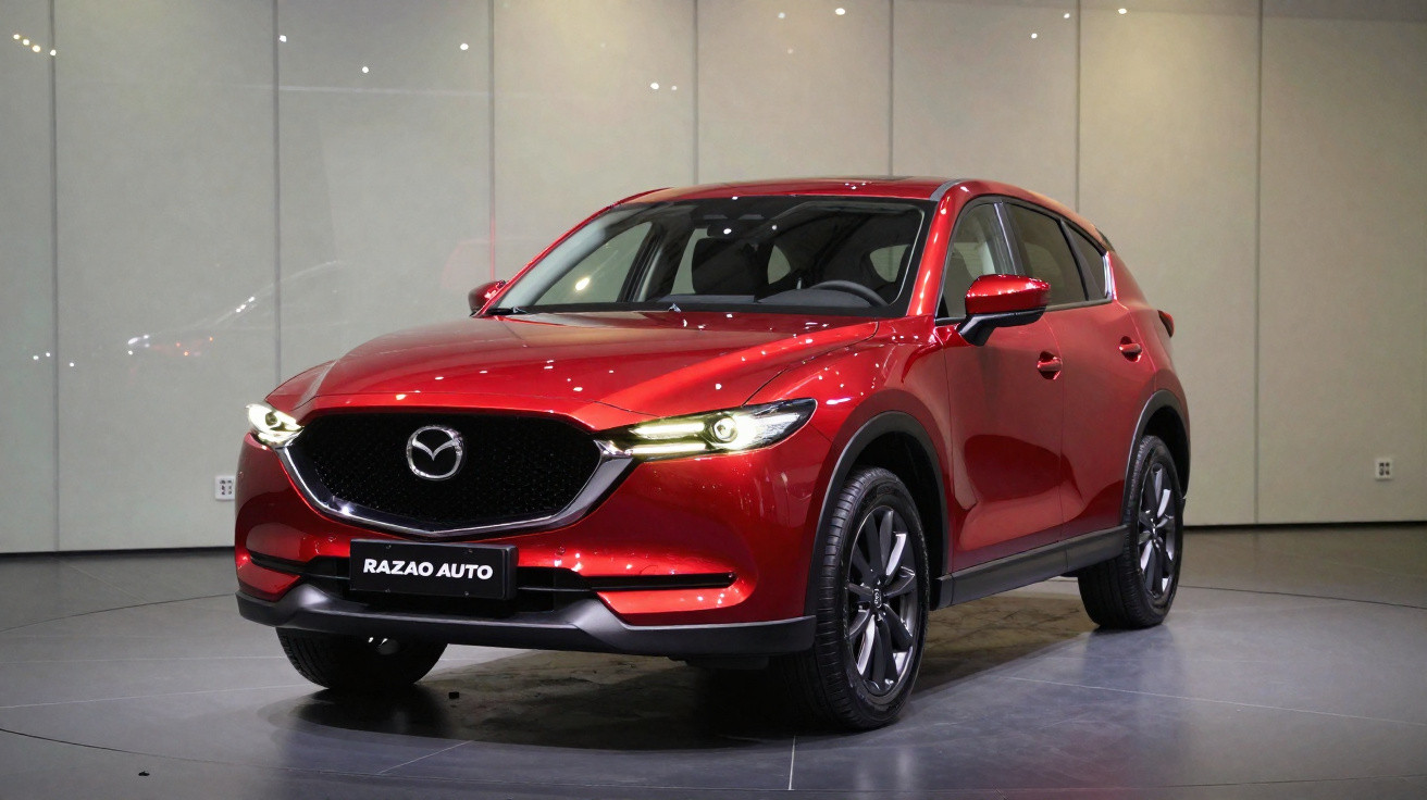 Red Mazda CX-5 SUV displayed indoors with headlights on and Razao Auto license plate.