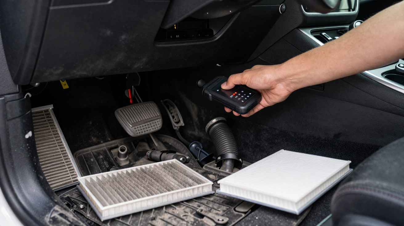 Person holding a remote control beside two cabin air filters on a car floor near pedals.