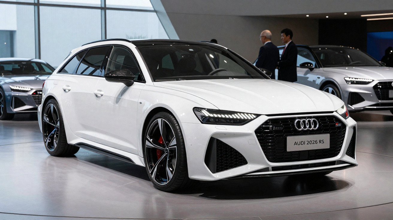 White Audi 2026 RS station wagon displayed indoors with black accents and sporty alloy wheels.