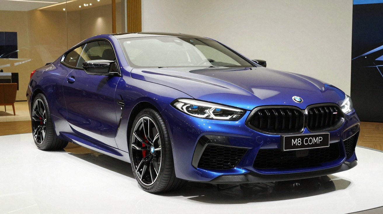 Blue BMW M8 Competition coupe with black grille and sporty alloy wheels on display indoors.